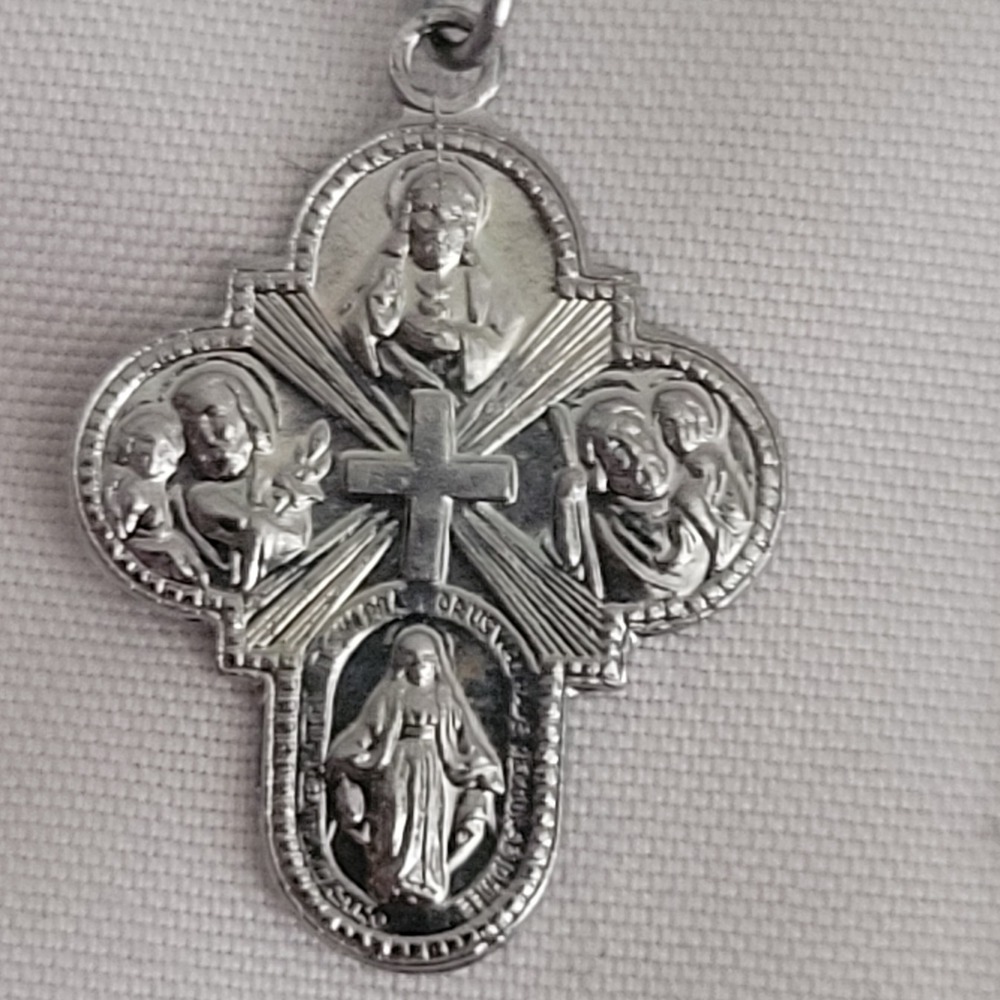 Vintage Catholic 4-Way Medal Necklace Silver Tone Religious Cross Pendant Japan